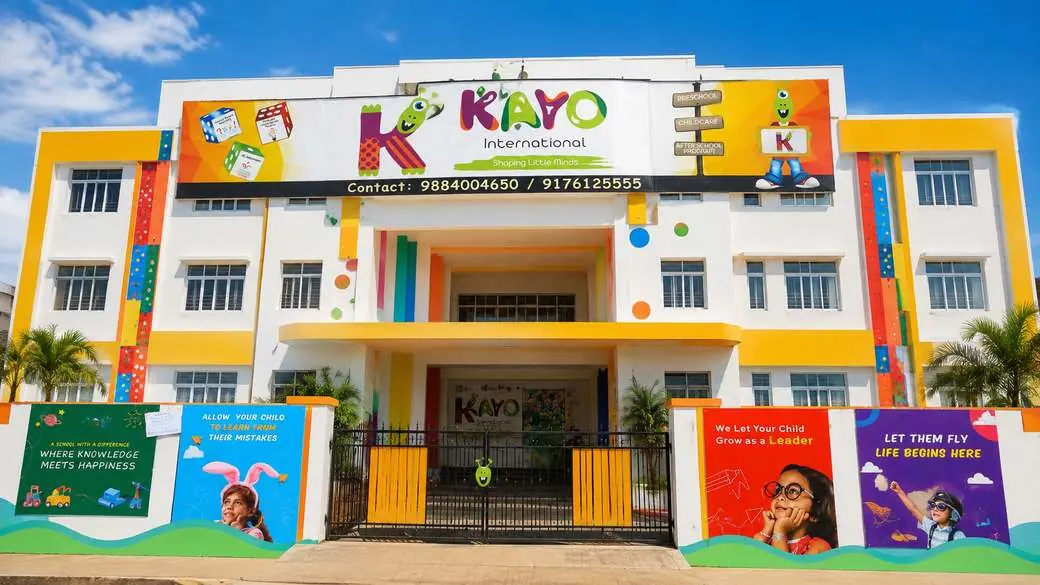 The Kayo International building in Chennai, with brand signage, wall murals and the school gate