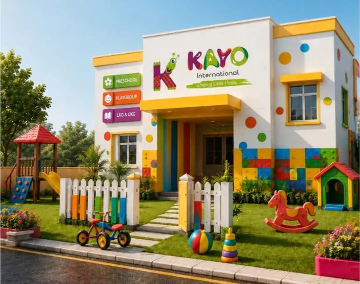 Design visualisation of a Kayo International preschool exterior with playground and branded signage