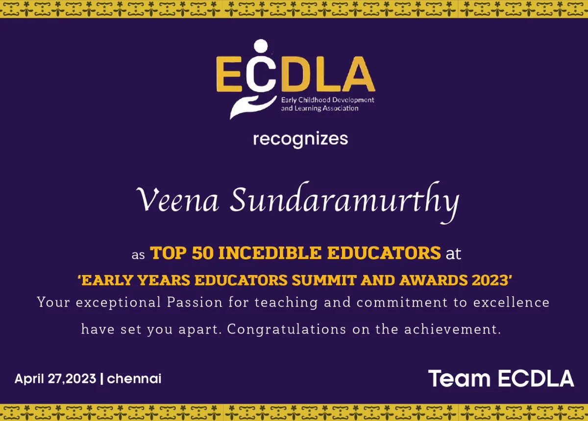 ECDLA Early Years Educators Summit and Awards 2023 certificate recognising Veena Sundaramurthy in the Top 50 Incredible Educators