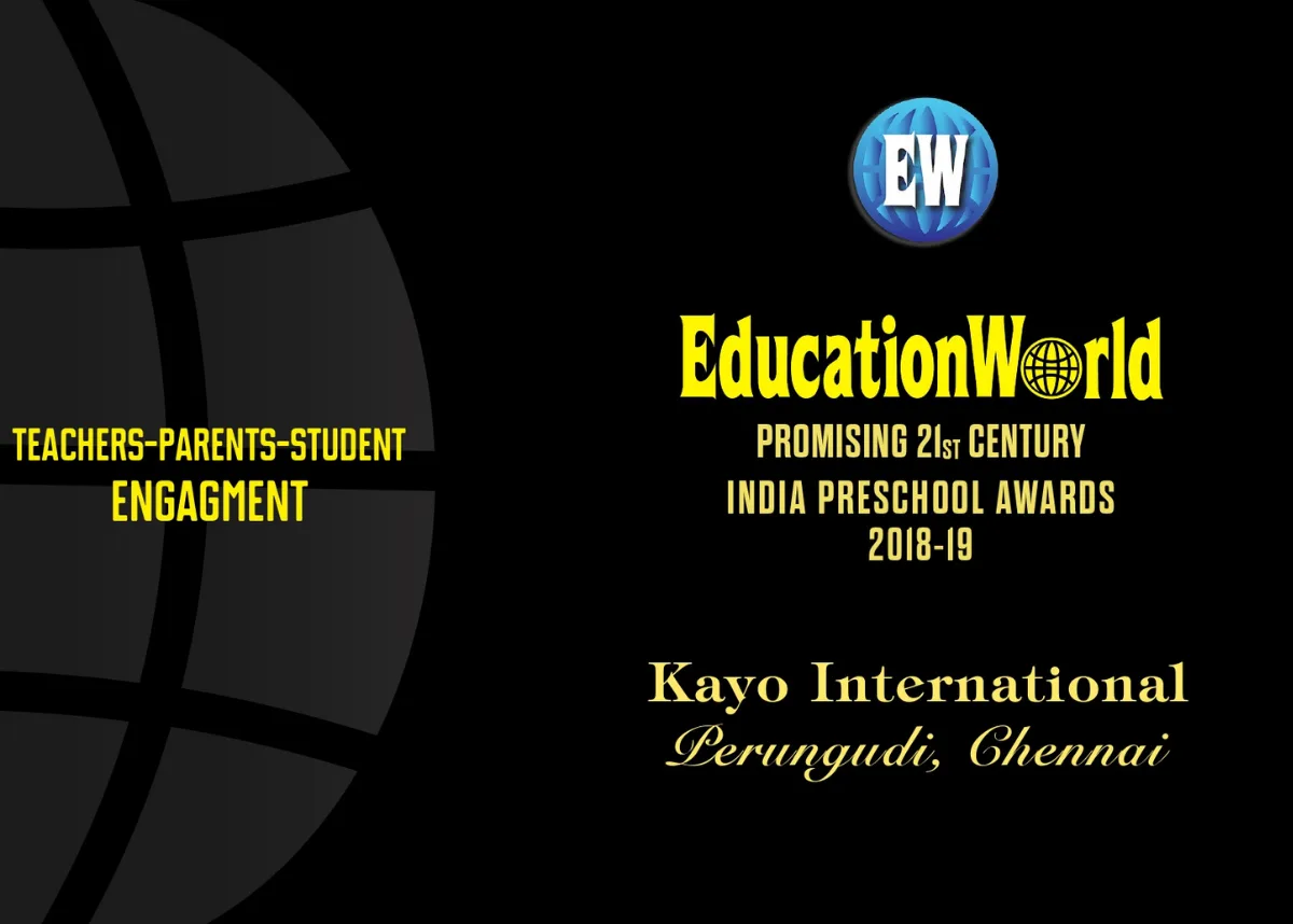 EducationWorld Promising 21st Century India Preschool Awards 2018–19 certificate for Kayo International, Perungudi, Chennai