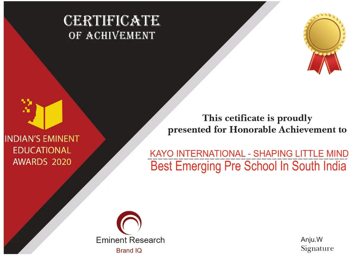 Indian's Eminent Educational Awards 2020 certificate — Best Emerging Pre School in South India, Kayo International