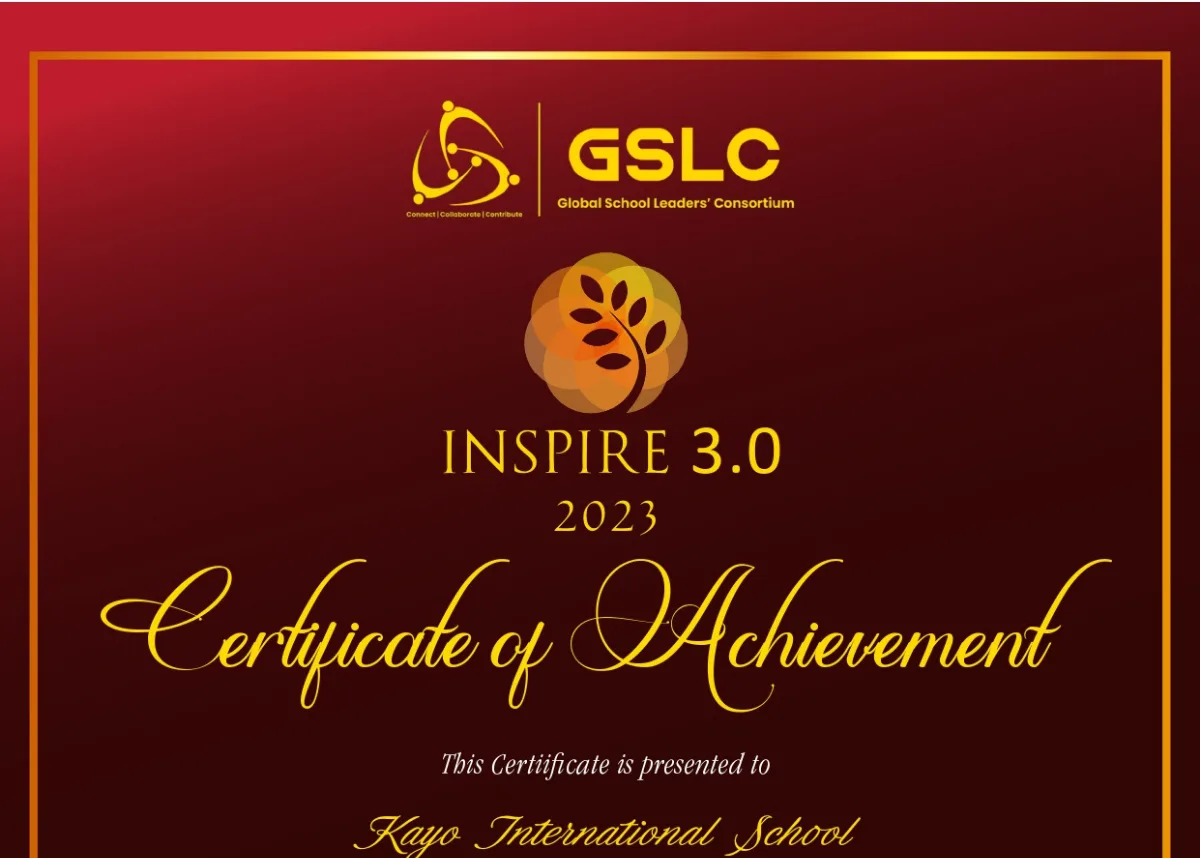 GSLC INSPIRE 3.0 2023 Certificate of Achievement presented to Kayo International School