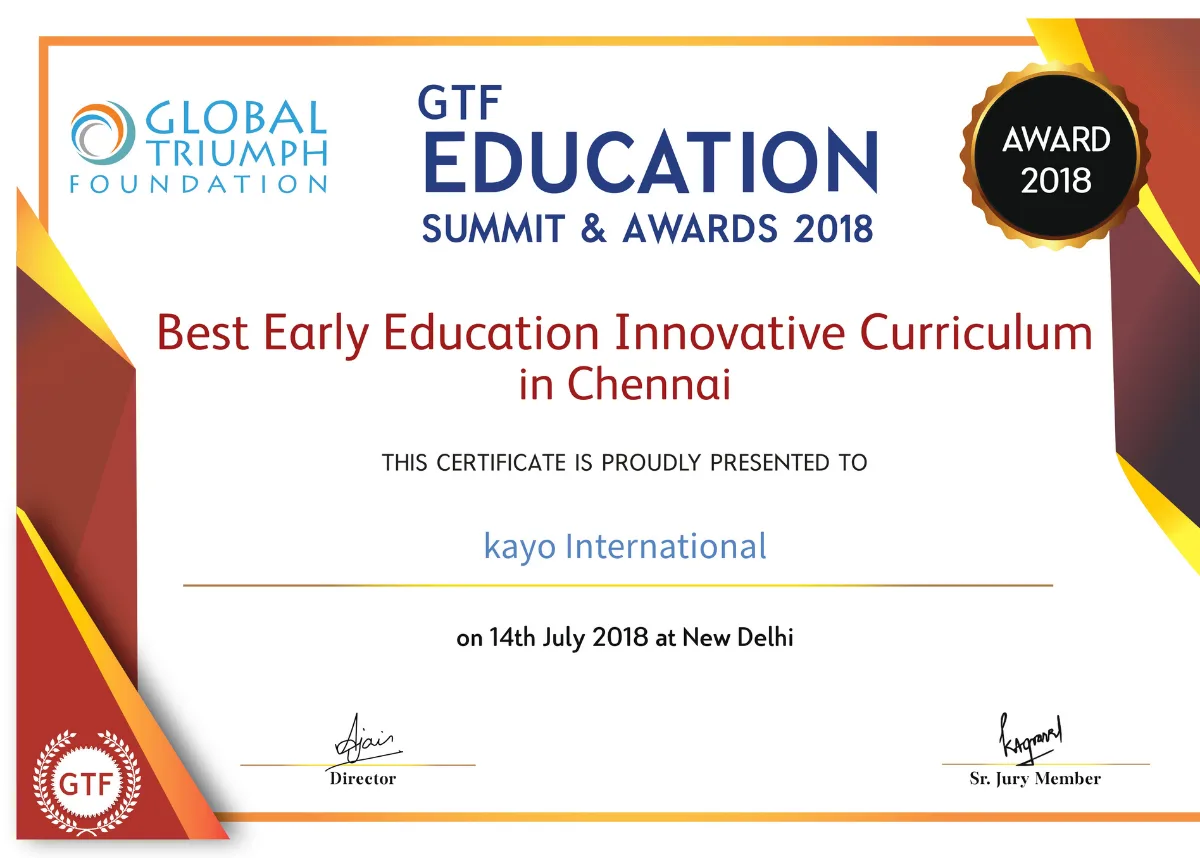 Global Triumph Foundation GTF Education Summit & Awards 2018 certificate — Best Early Education Innovative Curriculum in Chennai
